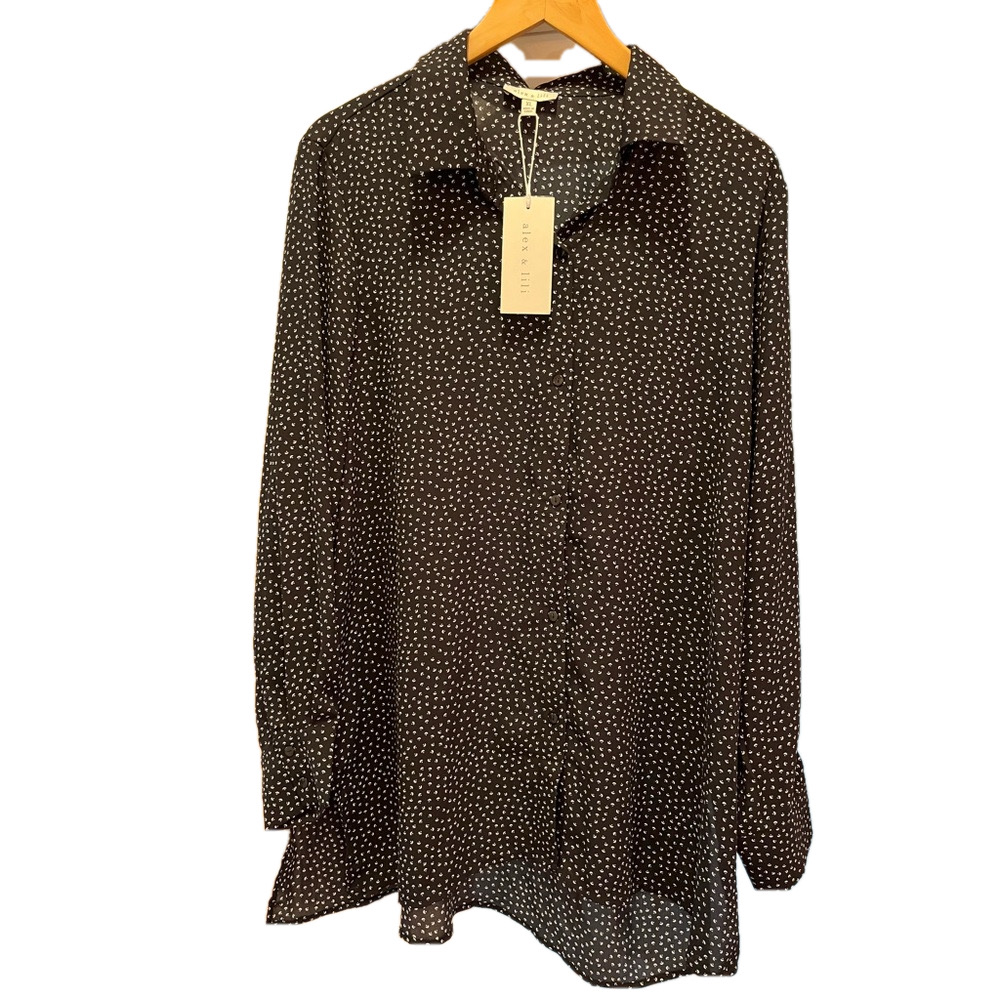 Alex & Lili NWT Black White Micro Dot Button Down Blouse High Low Hem - XL